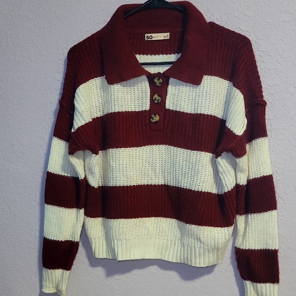 SO Women's Striped Sweater - Maroon and White